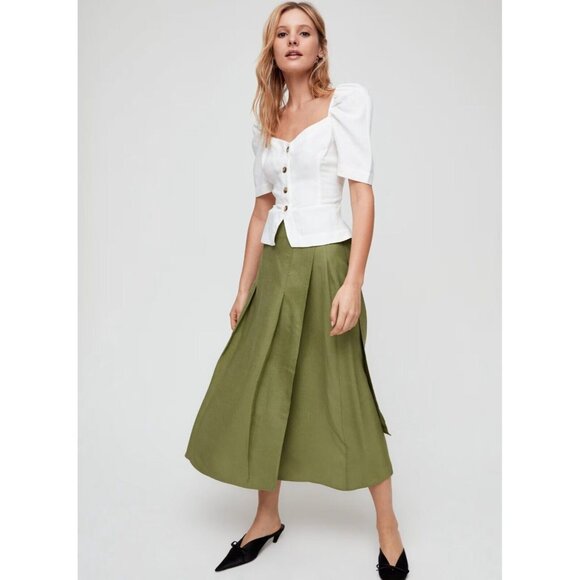 Aritzia WILFRED Janine Green Linen Blend Peplum Prairie Blouse Top, Size M - Picture 12 of 16